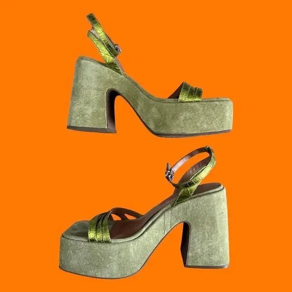 Free People Samara Heels Platform Chunky Ankle Strap Green Size 8 Vicenza - Picture 3 of 7